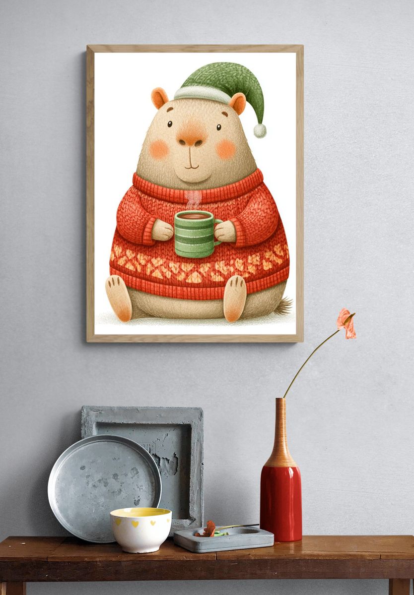 Cozy Capybara Winter Illustration Poster. — room view 3
