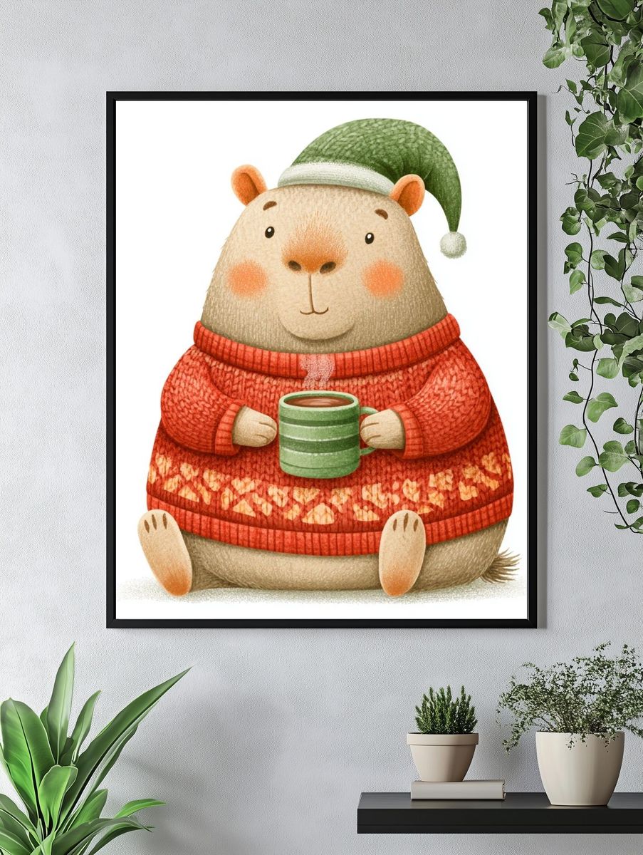 Cozy Capybara Winter Illustration Poster. — room view 4