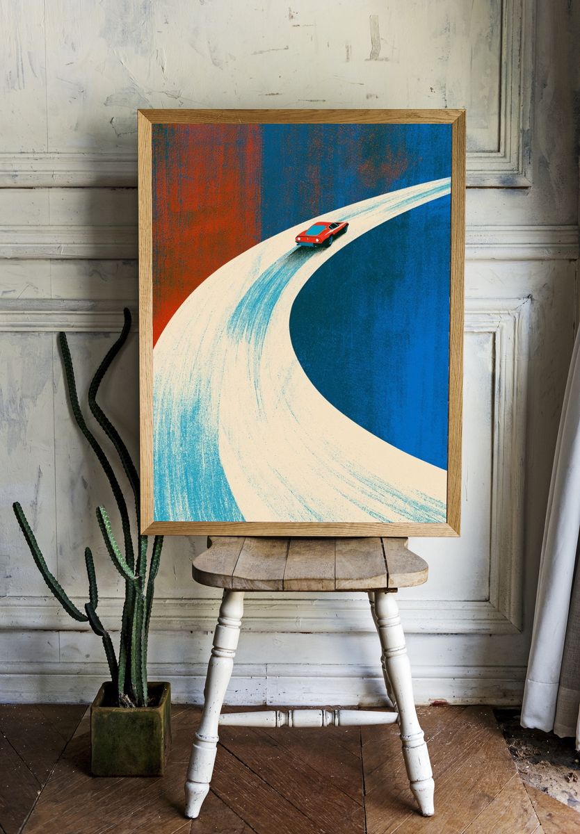 Red Sports Car Retro Illustration Poster. — room view 1