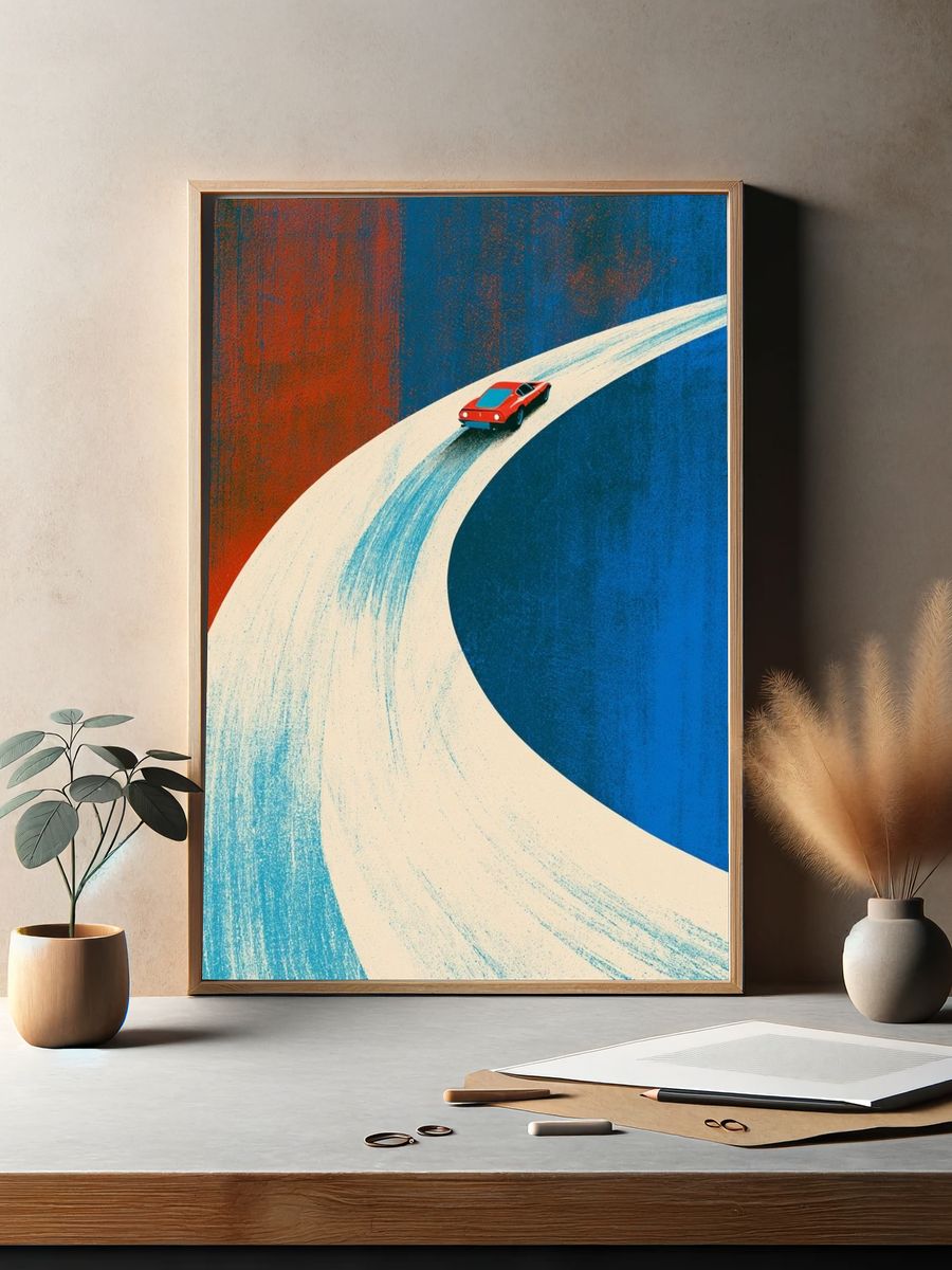 Red Sports Car Retro Illustration Poster. — room view 2