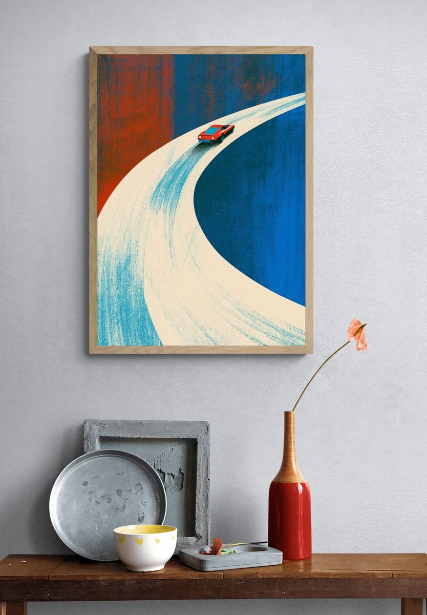 Red Sports Car Retro Illustration Poster. — room view 3