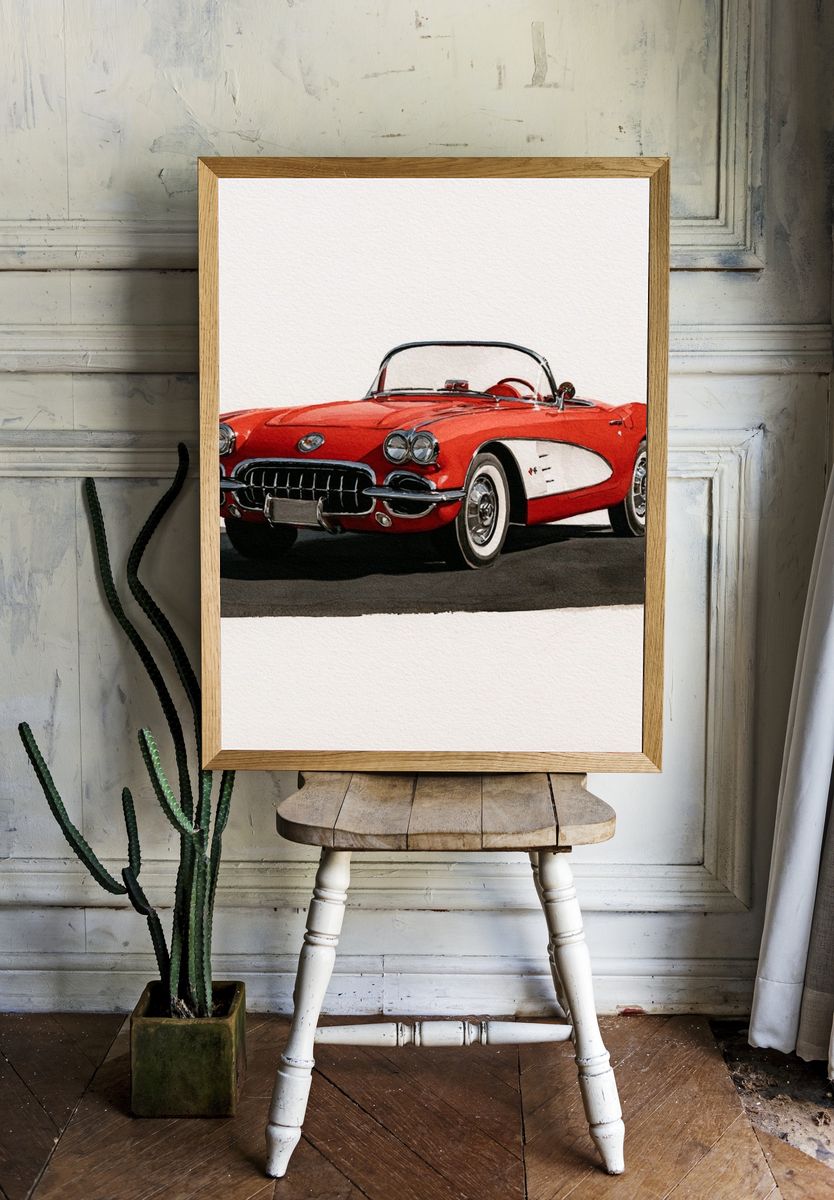 Red Classic Corvette Illustration Poster. room preview
