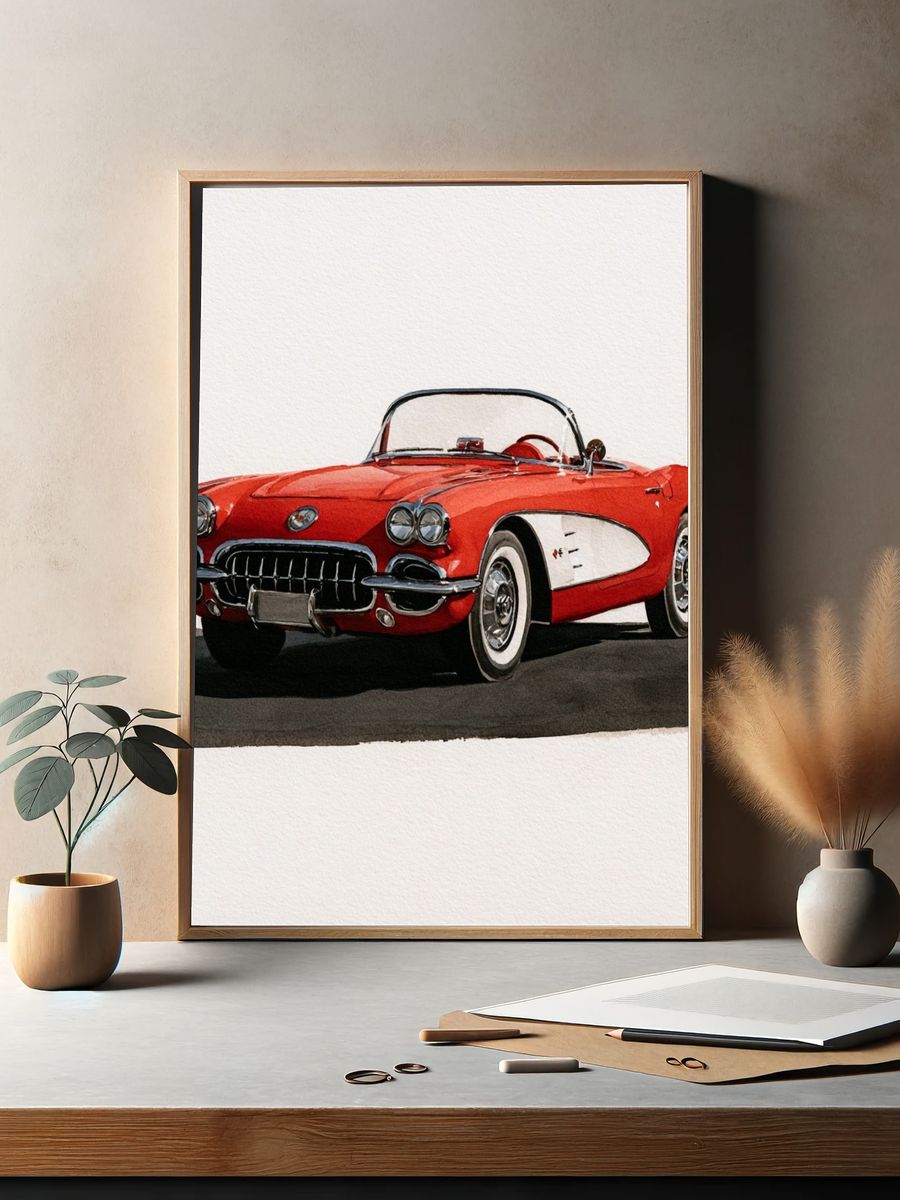 Red Classic Corvette Illustration Poster. — room view 2