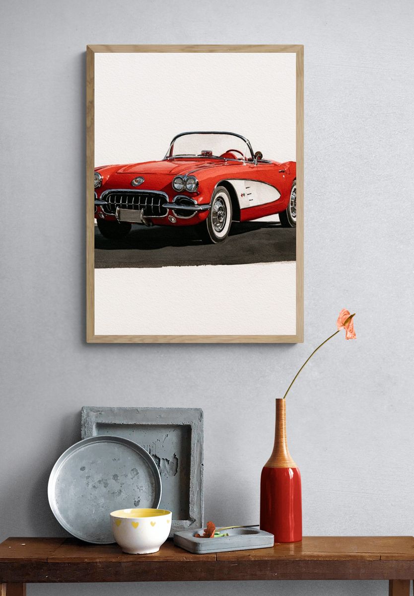 Red Classic Corvette Illustration Poster. — room view 3