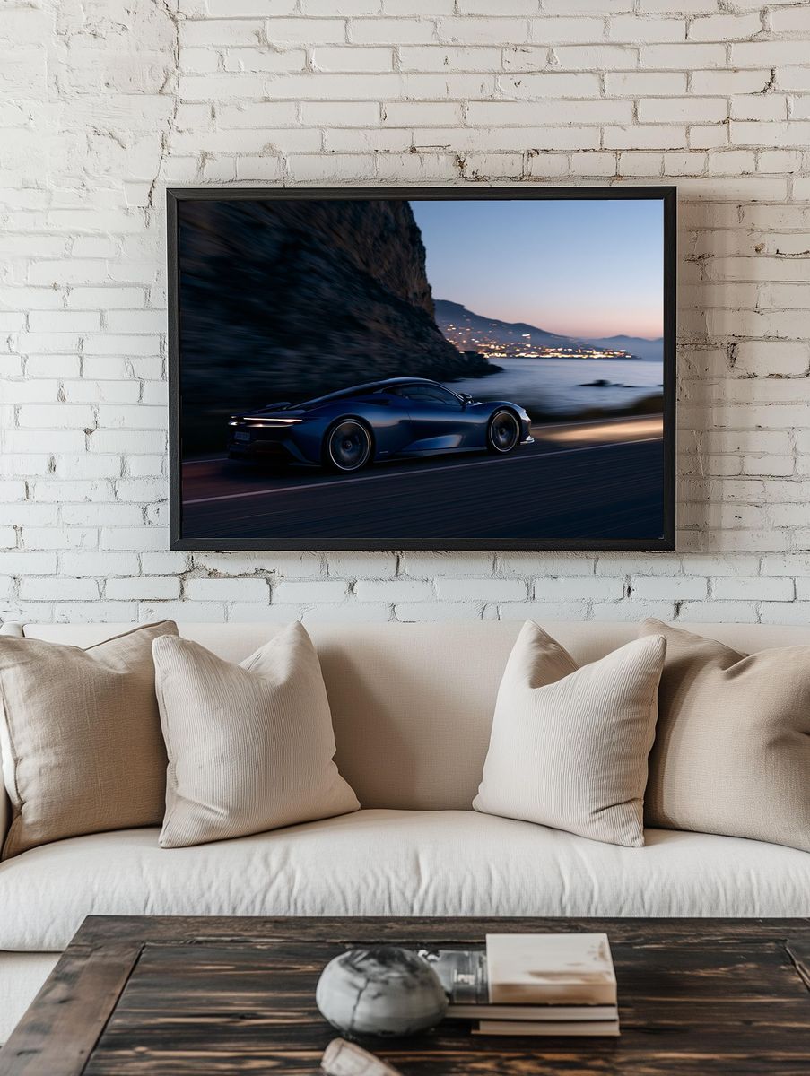 Blue Supercar Coastal Drive Poster. — room view 1