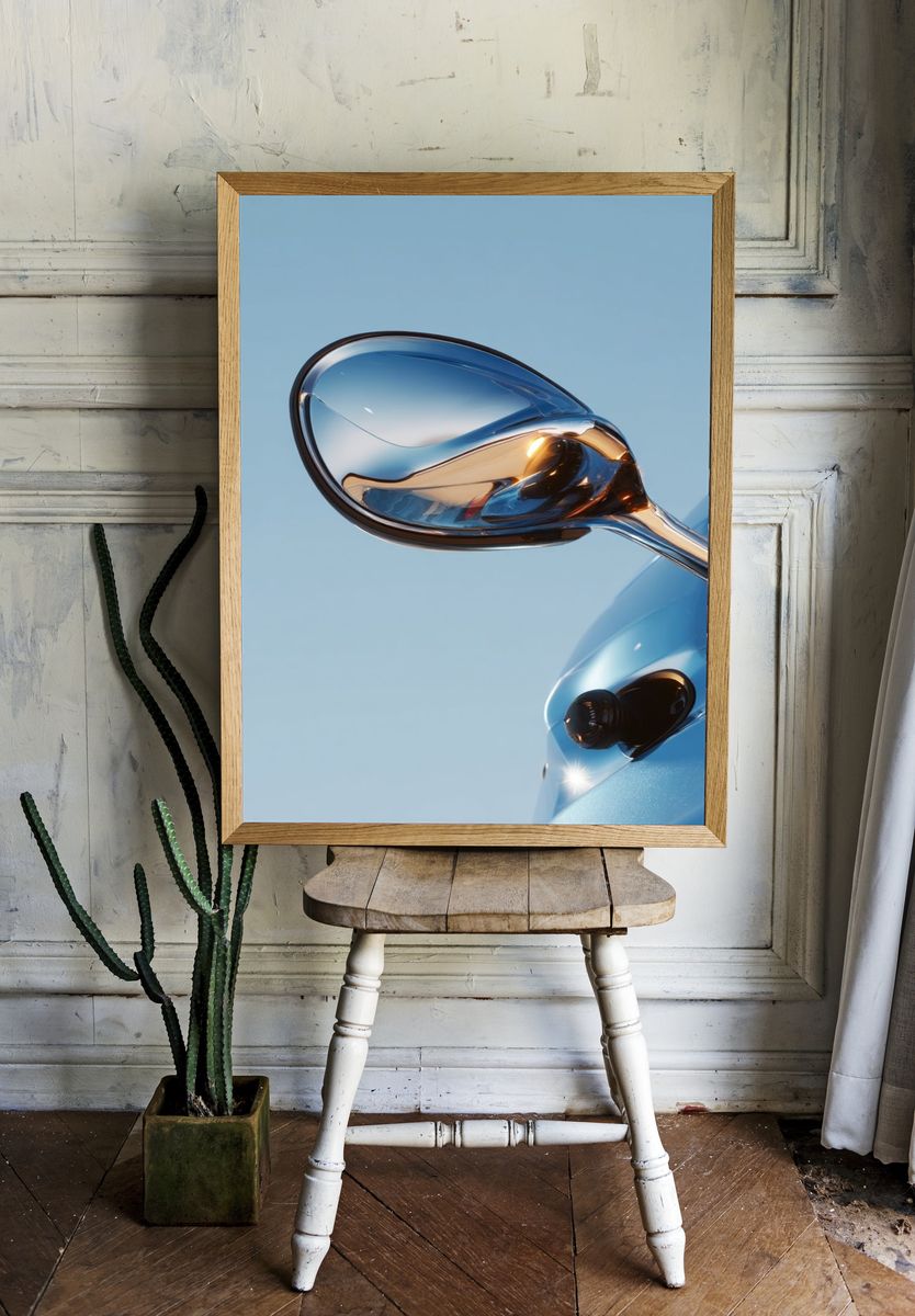 Blue Sports Car Mirror Photography Poster. — room view 1