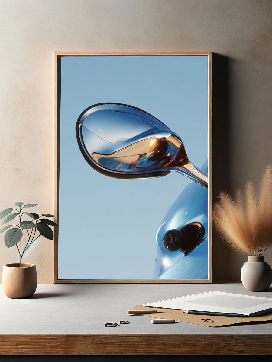 Blue Sports Car Mirror Photography Poster. — room view 2