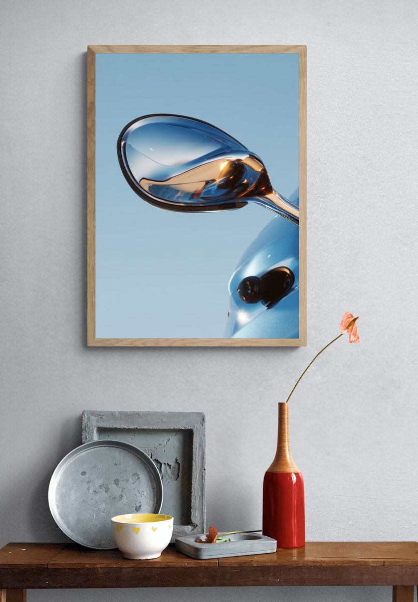 Blue Sports Car Mirror Photography Poster. — room view 3