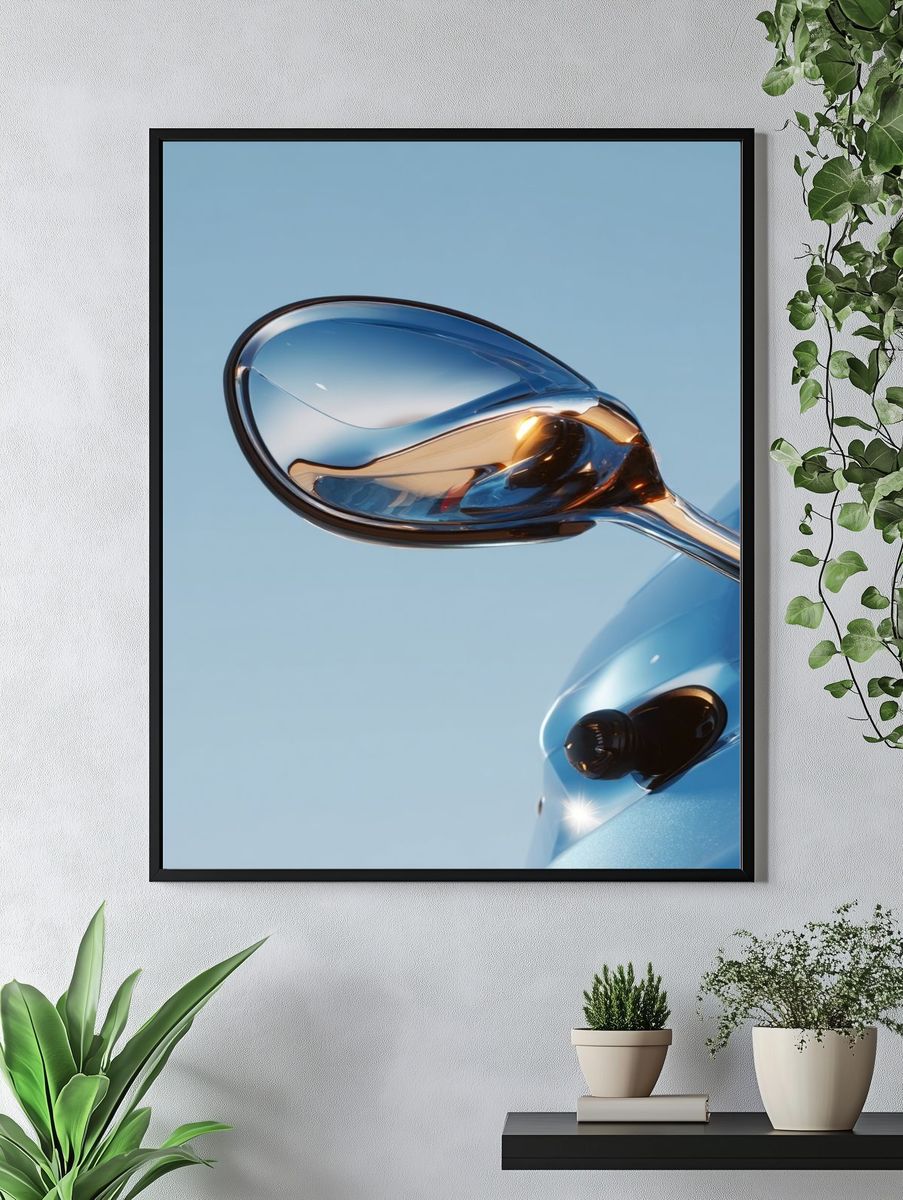 Blue Sports Car Mirror Photography Poster. — room view 4
