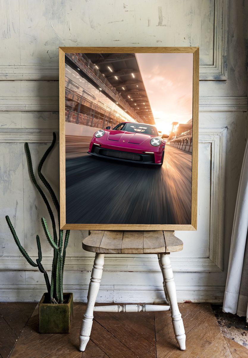 Pink Sports Car Racing Poster. — room view 1