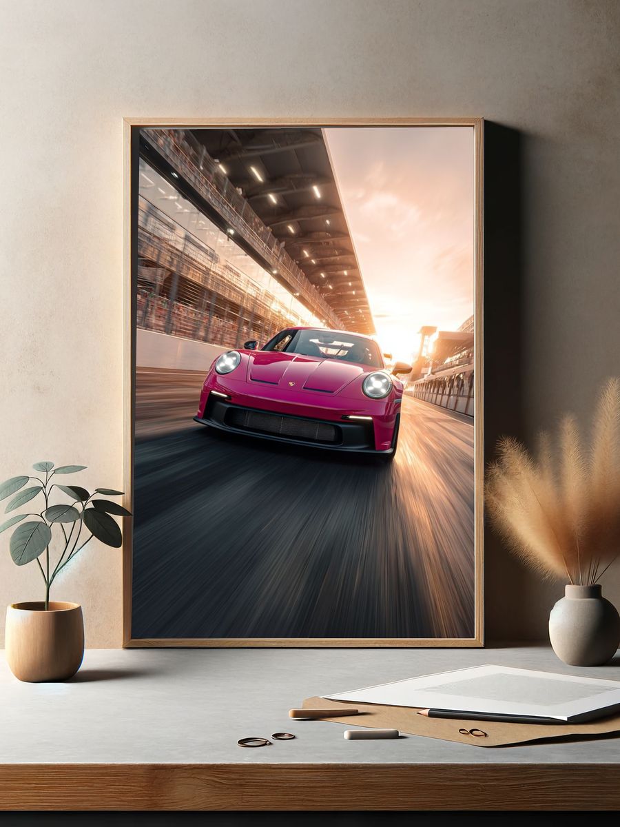 Pink Sports Car Racing Poster. — room view 2