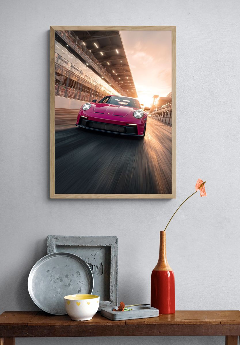 Pink Sports Car Racing Poster. — room view 3