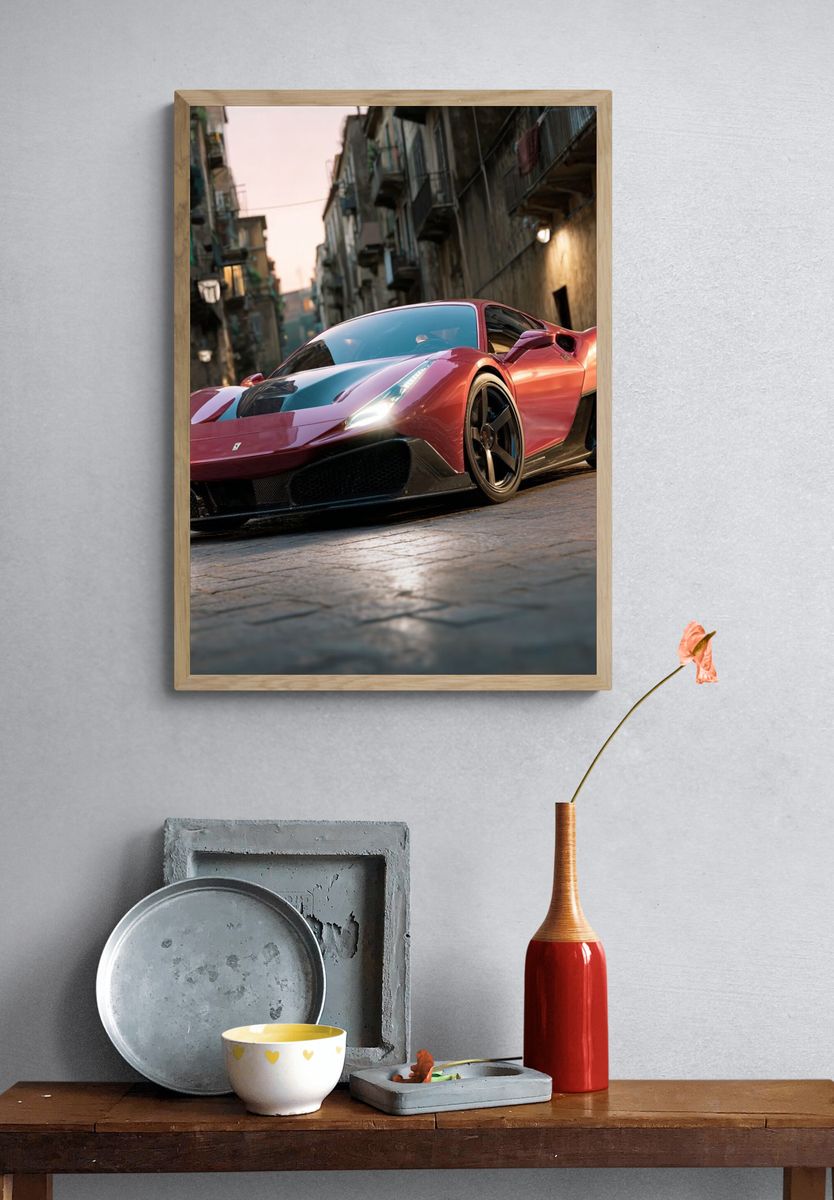 Red Supercar Street Photography Poster. — room view 3