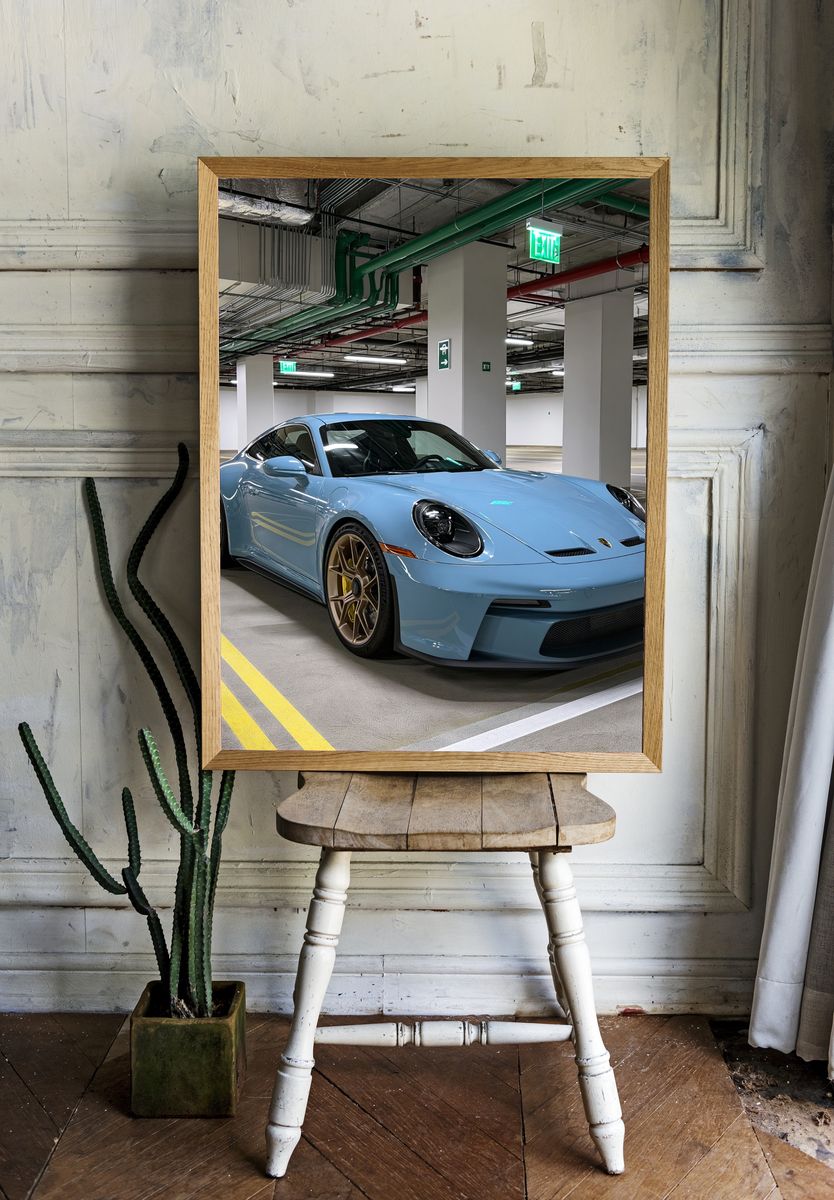 Blue Porsche 911 Parking Garage Poster. — room view 1