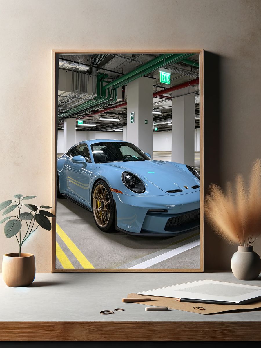 Blue Porsche 911 Parking Garage Poster. — room view 2