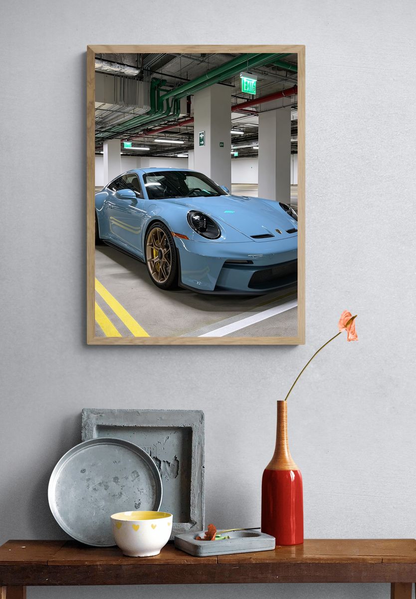 Blue Porsche 911 Parking Garage Poster. — room view 3