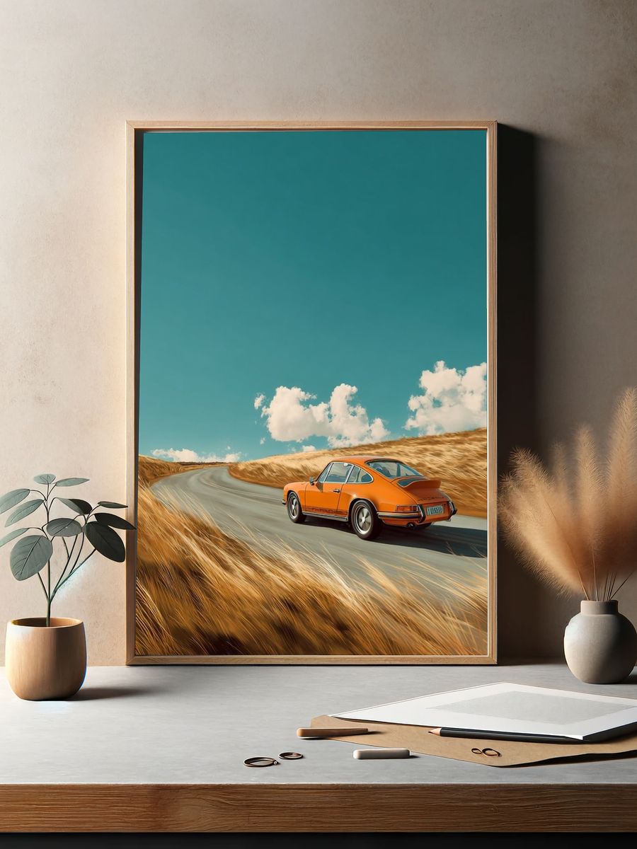 Orange Porsche on Coastal Road Poster. — room view 2