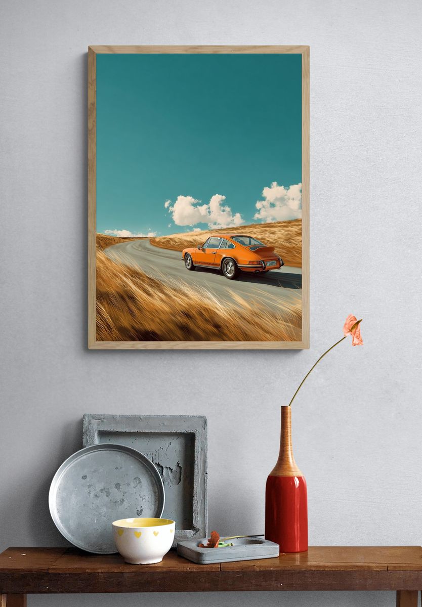 Orange Porsche on Coastal Road Poster. — room view 3