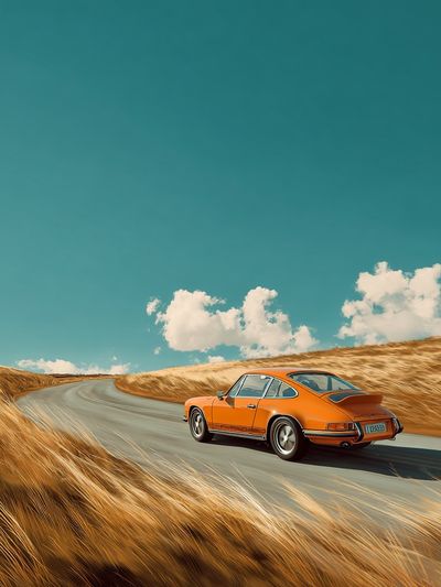 Orange Porsche on Coastal Road Poster. poster