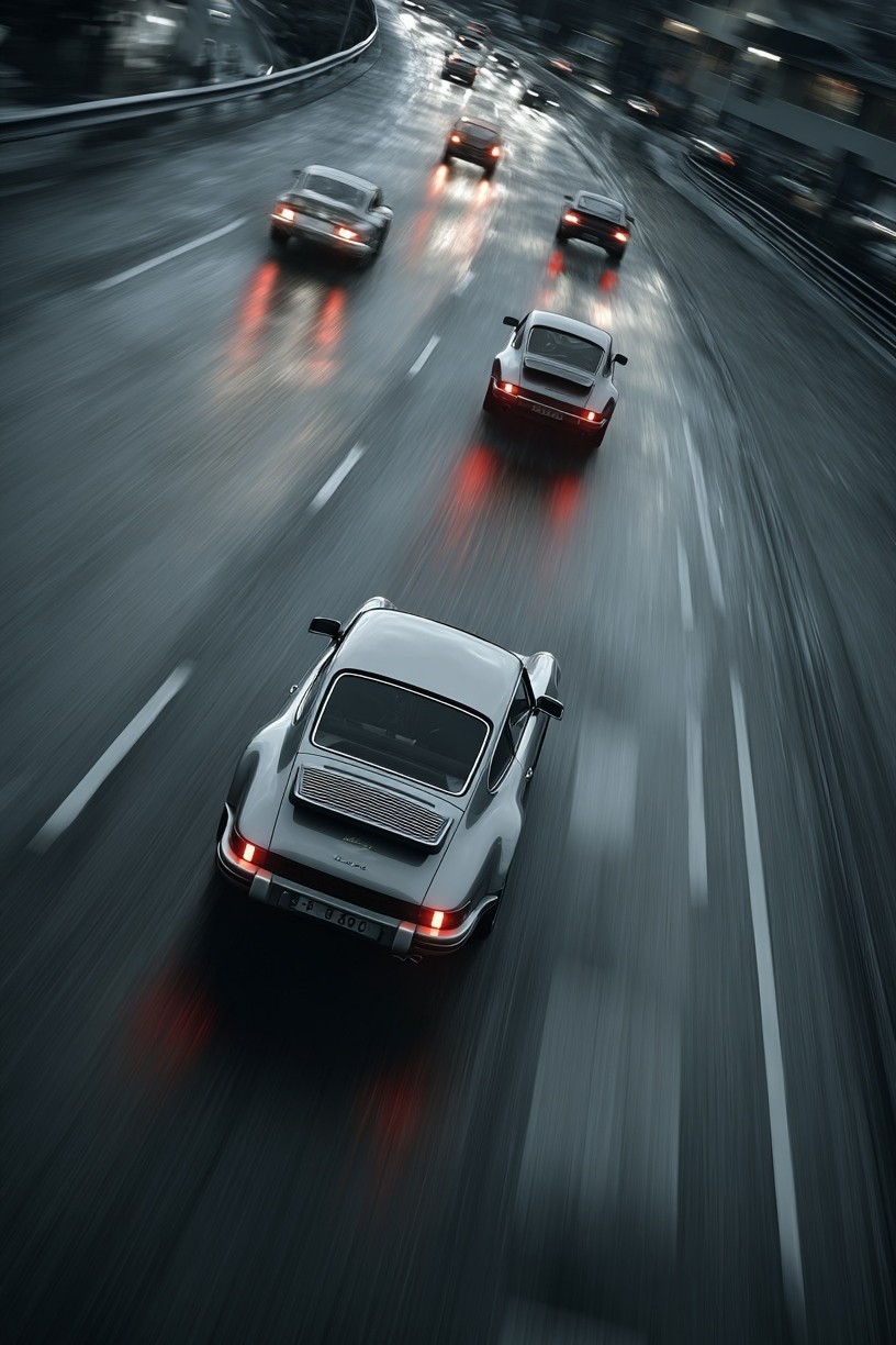 Classic Cars on a Rainy Road — Photography Print. poster detail