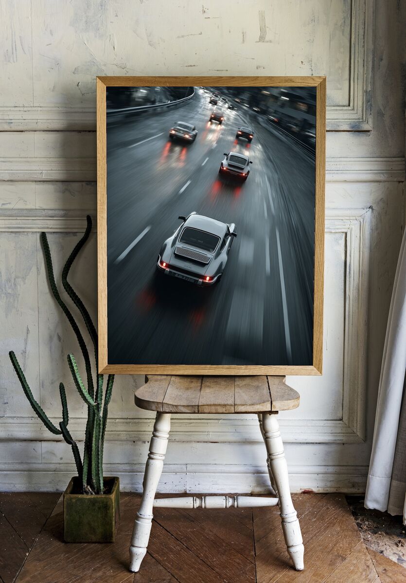 Classic Cars on a Rainy Road — Photography Print. — room view 1