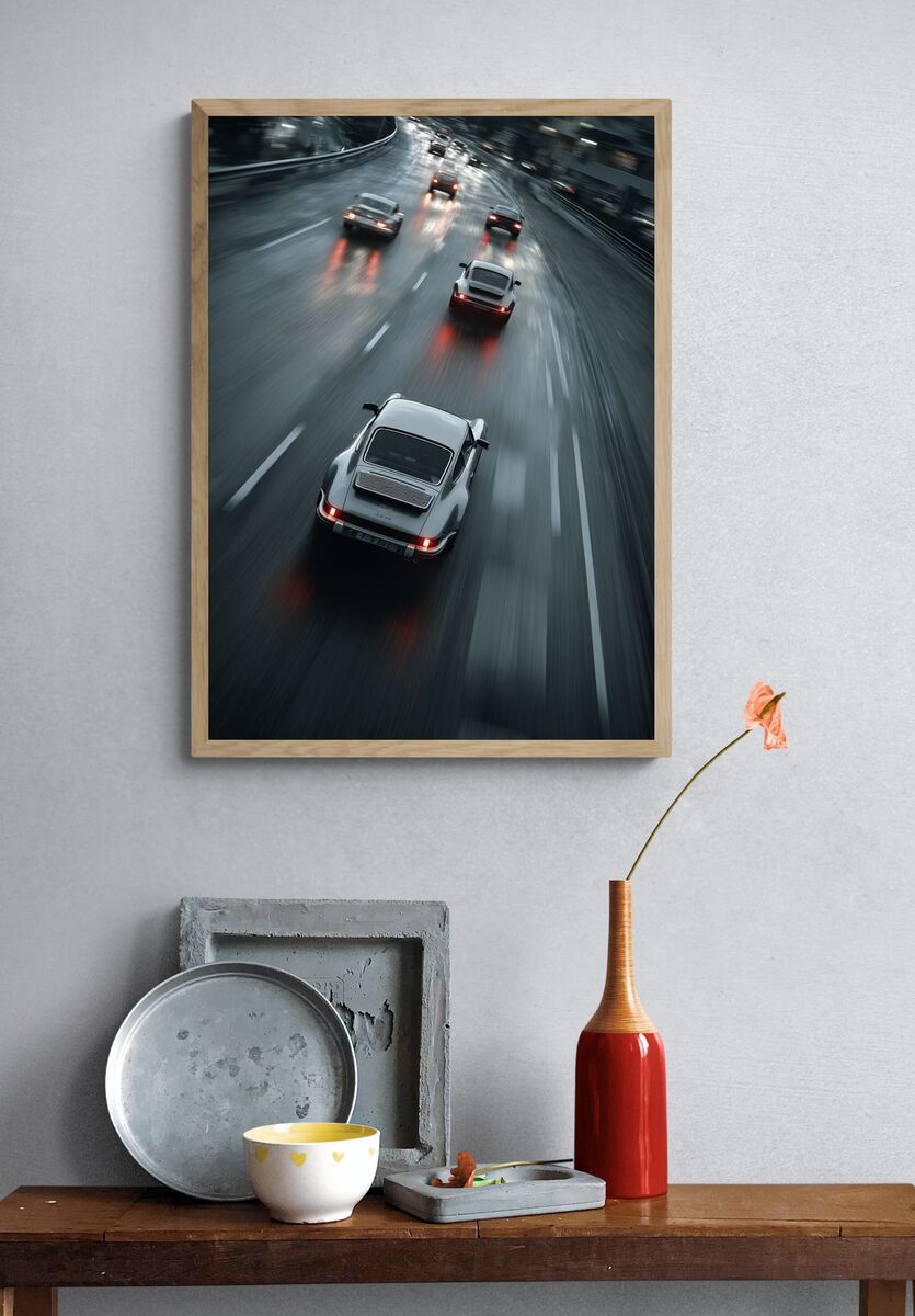 Classic Cars on a Rainy Road — Photography Print. — room view 3