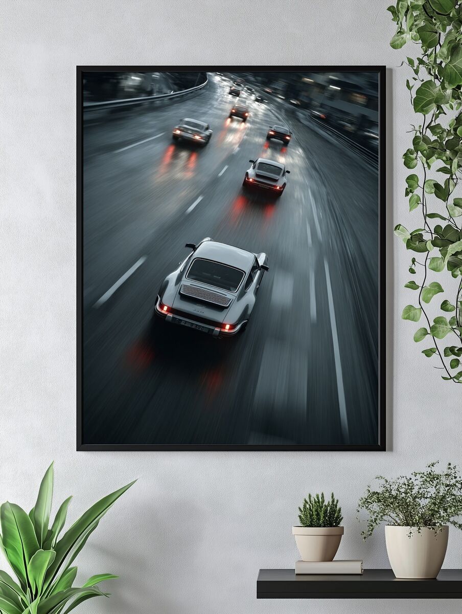 Classic Cars on a Rainy Road — Photography Print. — room view 4