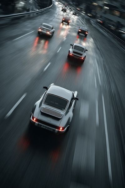Classic Cars on a Rainy Road