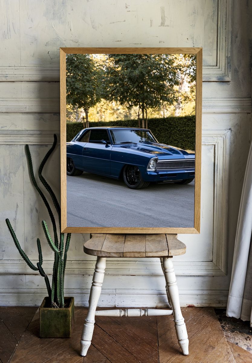 Classic Blue Muscle Car Photography Poster. room preview