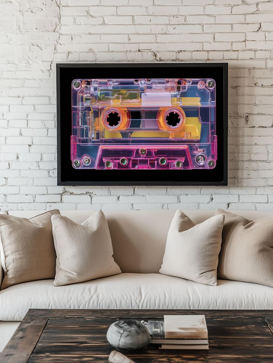 Neon Cassette Tape Retro Print. — room view 1