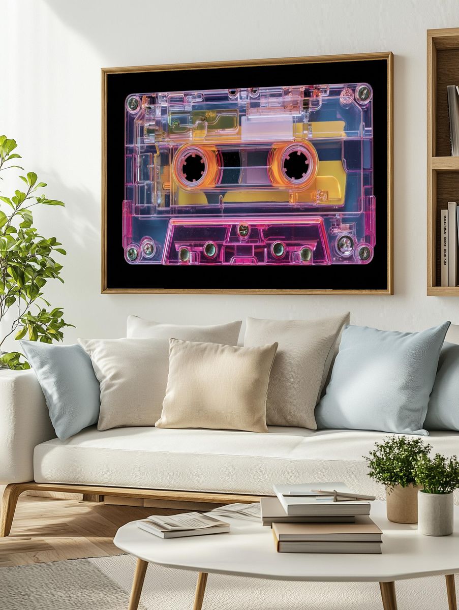 Neon Cassette Tape Retro Print. — room view 2