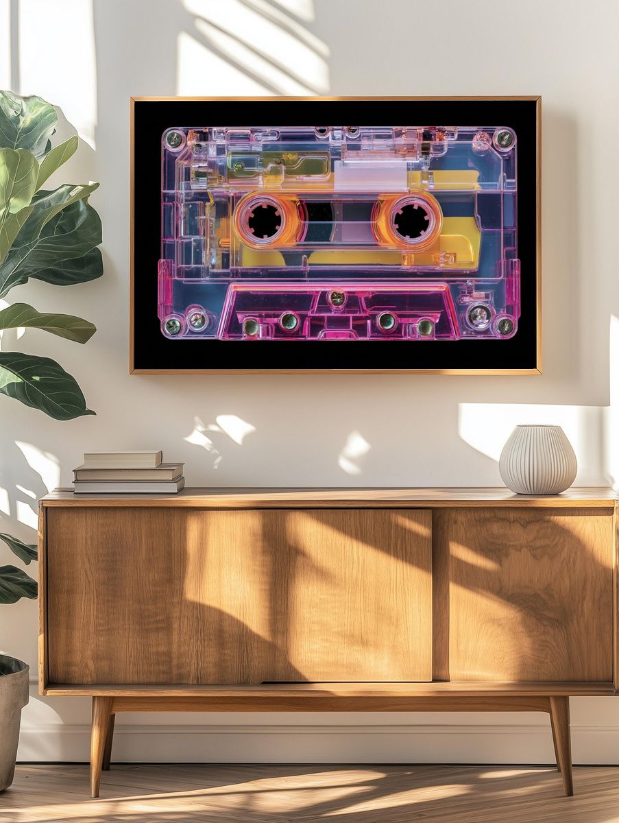 Neon Cassette Tape Retro Print. — room view 3