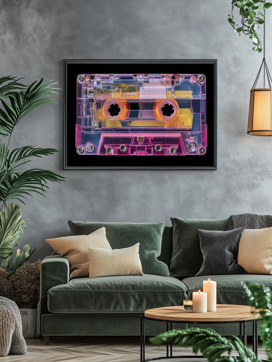 Neon Cassette Tape Retro Print. — room view 4