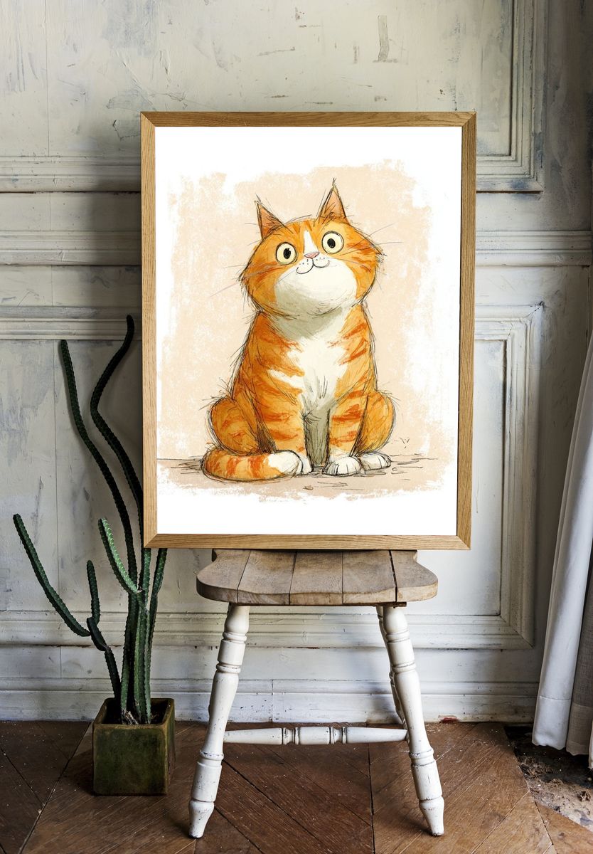 Cute Orange Cat — Illustration Print. — room view 1