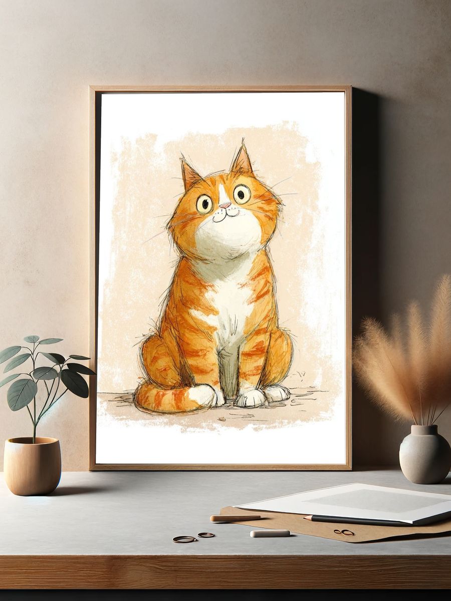 Cute Orange Cat — Illustration Print. — room view 2