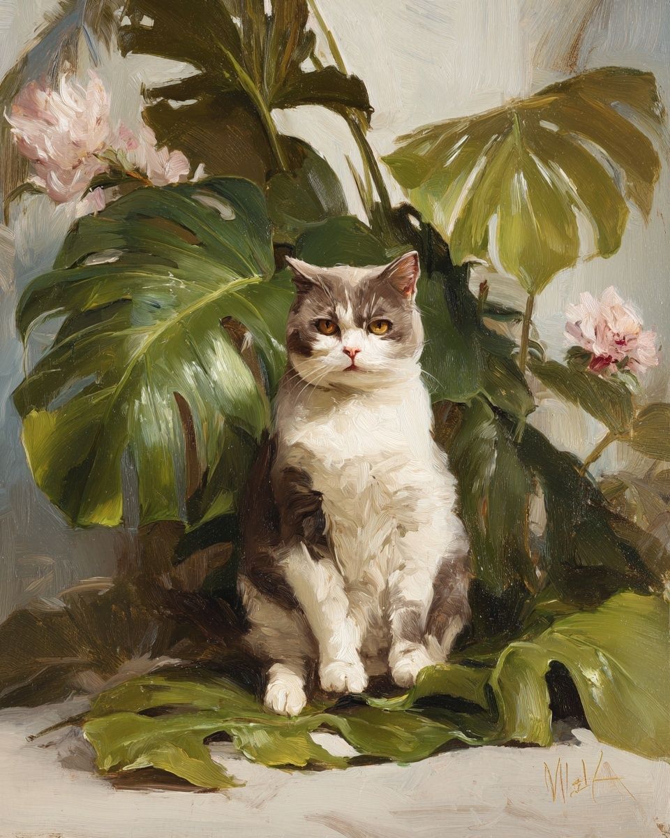 Cat Among Tropical Leaves — Painting Print. poster detail