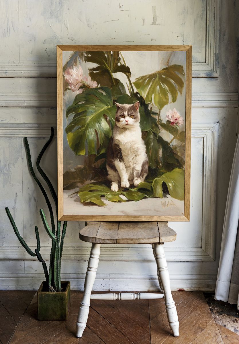 Cat Among Tropical Leaves — Painting Print. — room view 1