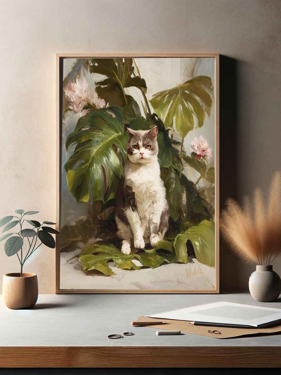 Cat Among Tropical Leaves — Painting Print. — room view 2