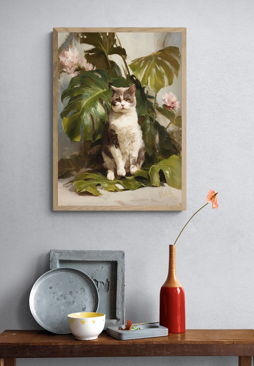Cat Among Tropical Leaves — Painting Print. — room view 3