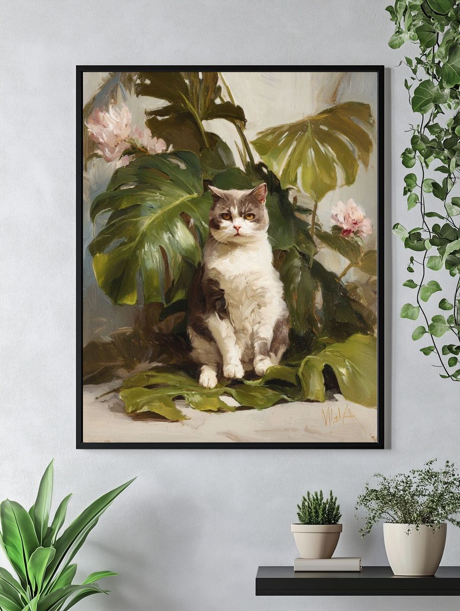 Cat Among Tropical Leaves — Painting Print. — room view 4