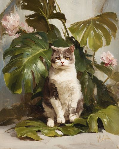 Cat Among Tropical Leaves — Painting Print. poster