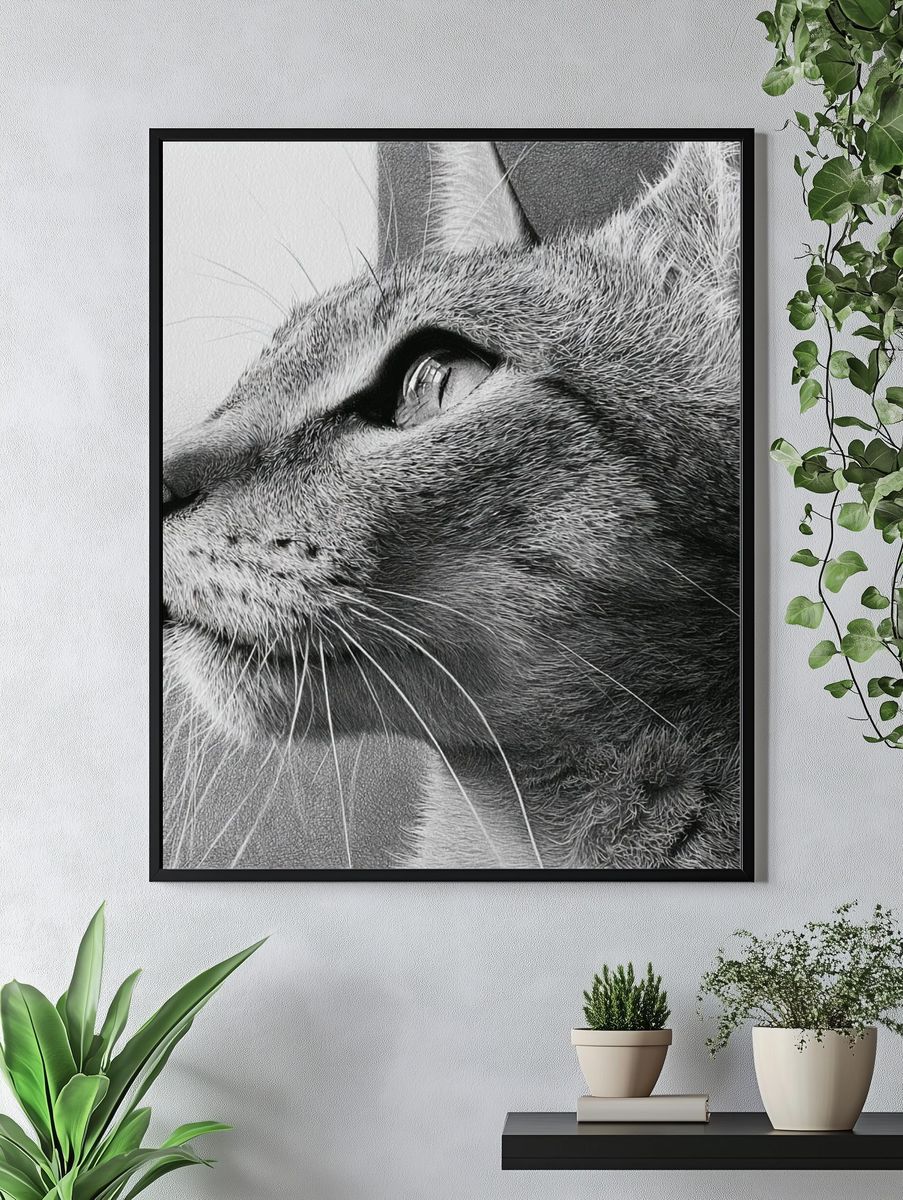 Cat Portrait Black-White Print. — room view 4
