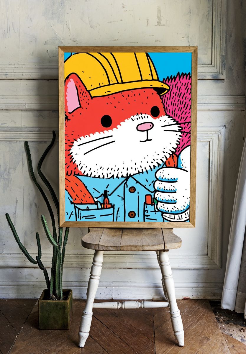 Construction Cat Cartoon Poster. — room view 1