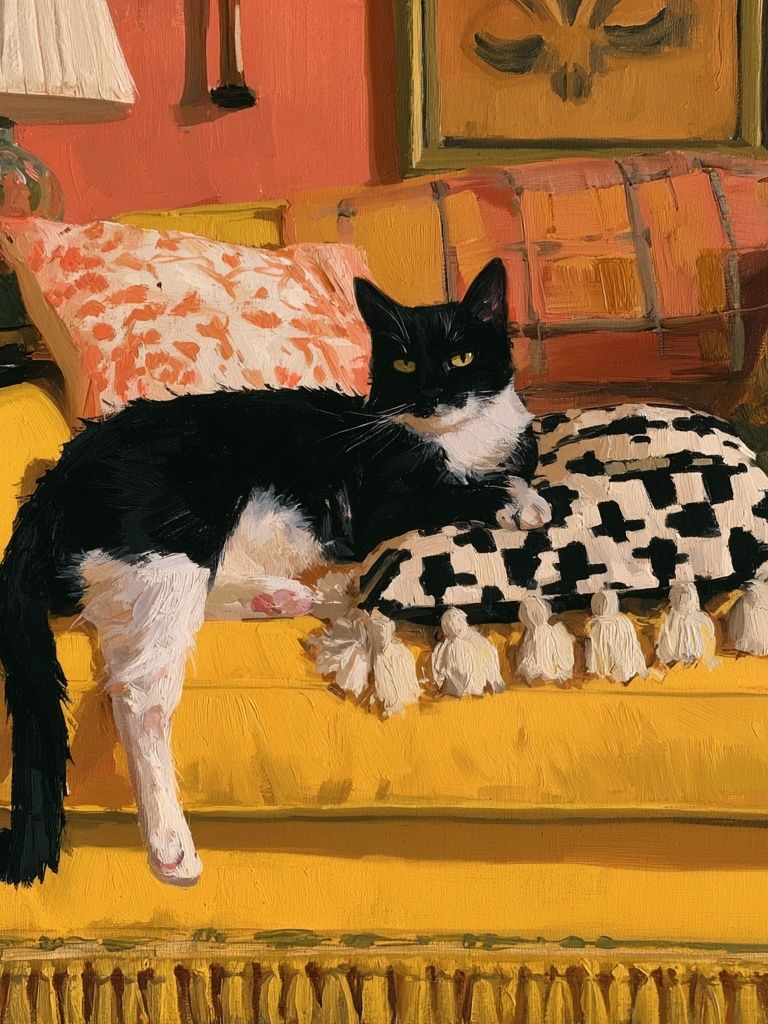 Black and White Cat on Yellow Sofa Poster. poster — fine-art art