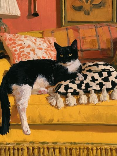 Black and White Cat on Yellow Sofa Poster.