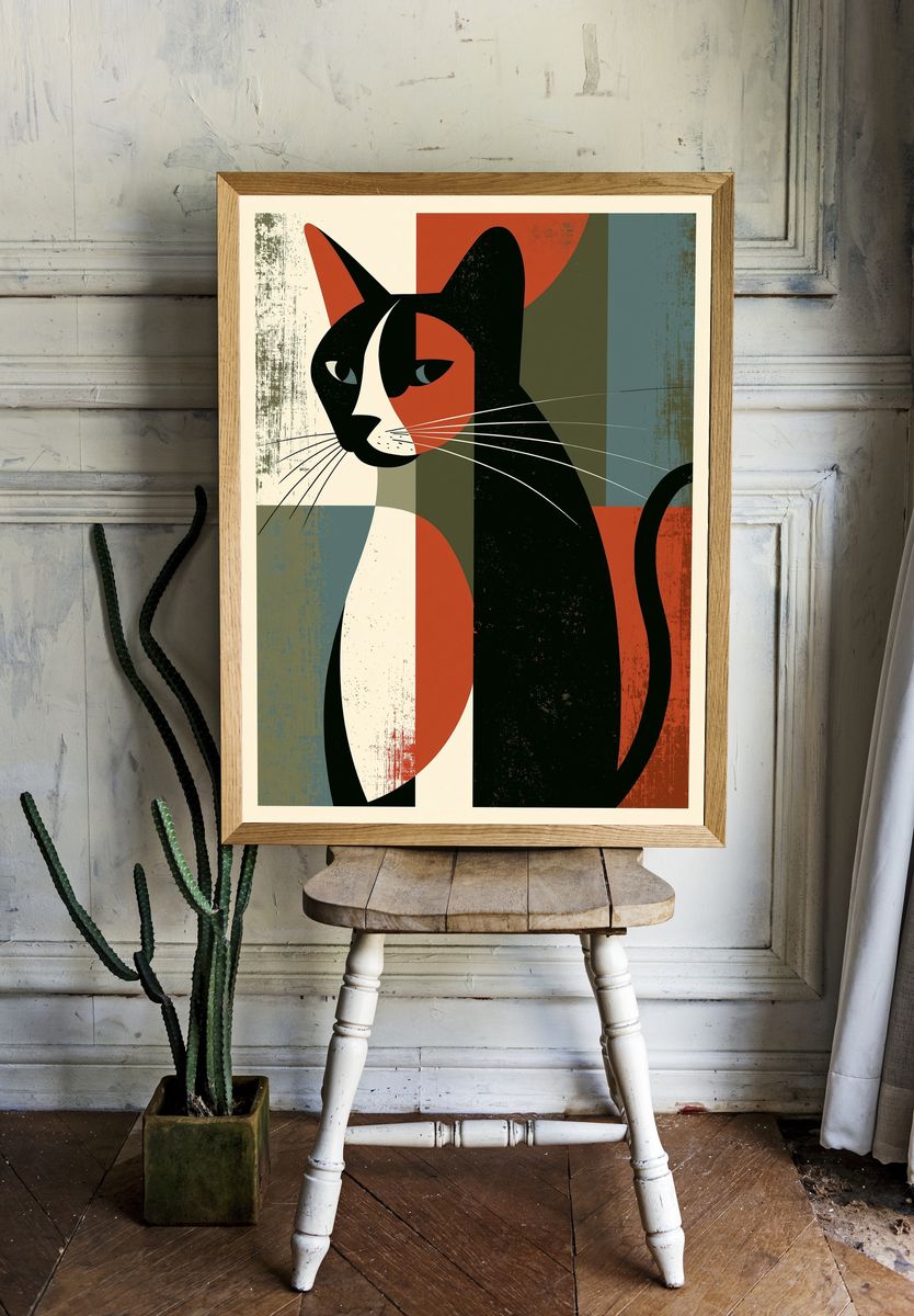 Geometric Cat Mid-Century Modern Poster. room preview