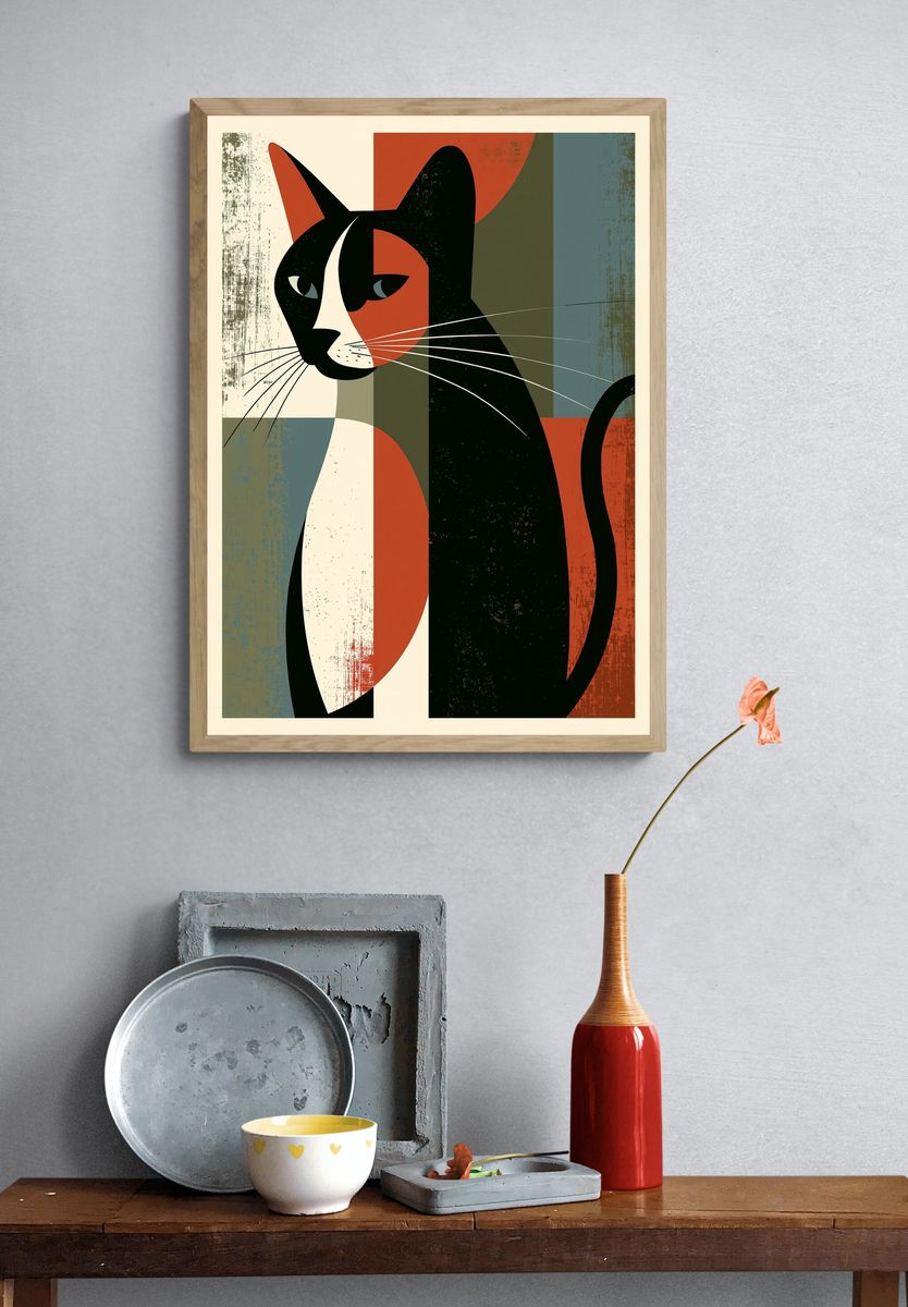Geometric Cat Mid-Century Modern Poster. — room view 3