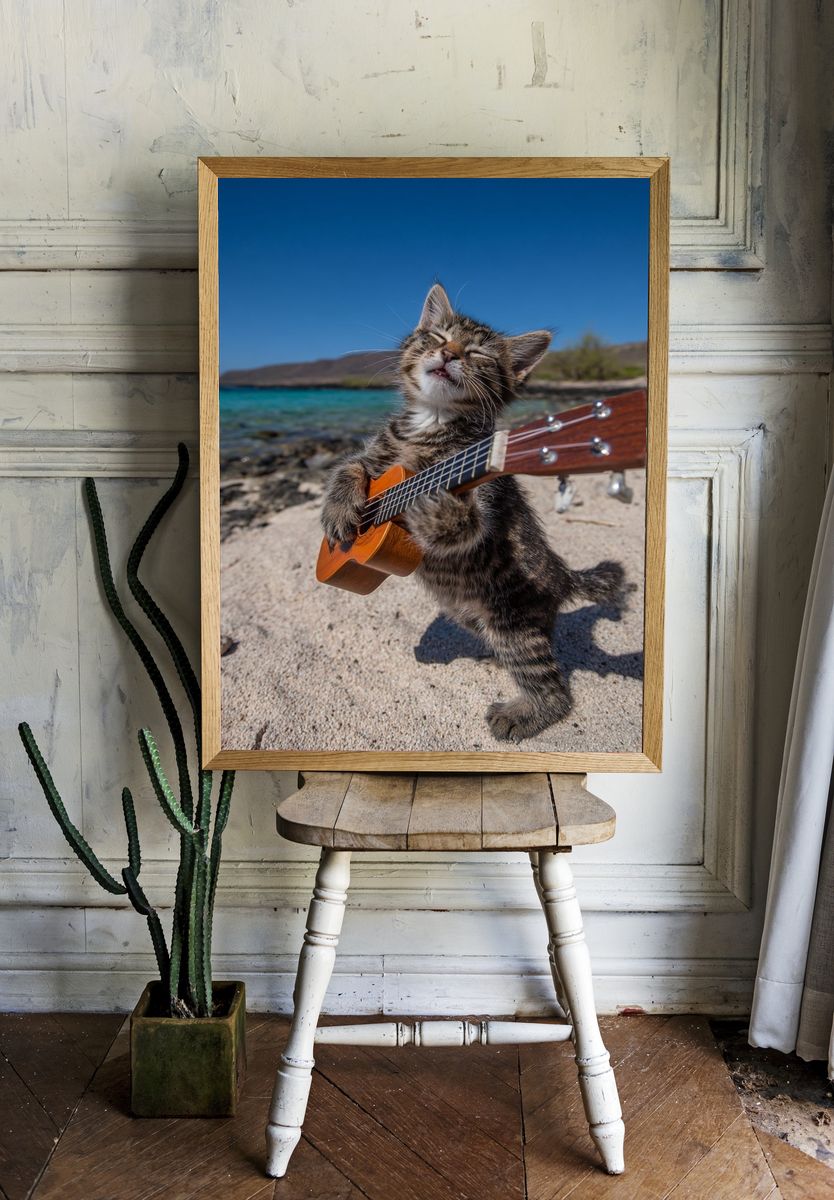 Ukulele Cat Beach Photography Poster. room preview