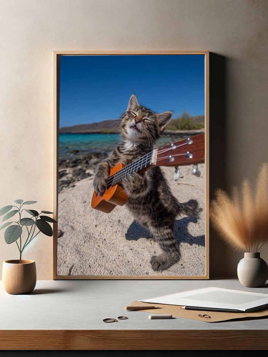 Ukulele Cat Beach Photography Poster. — room view 2