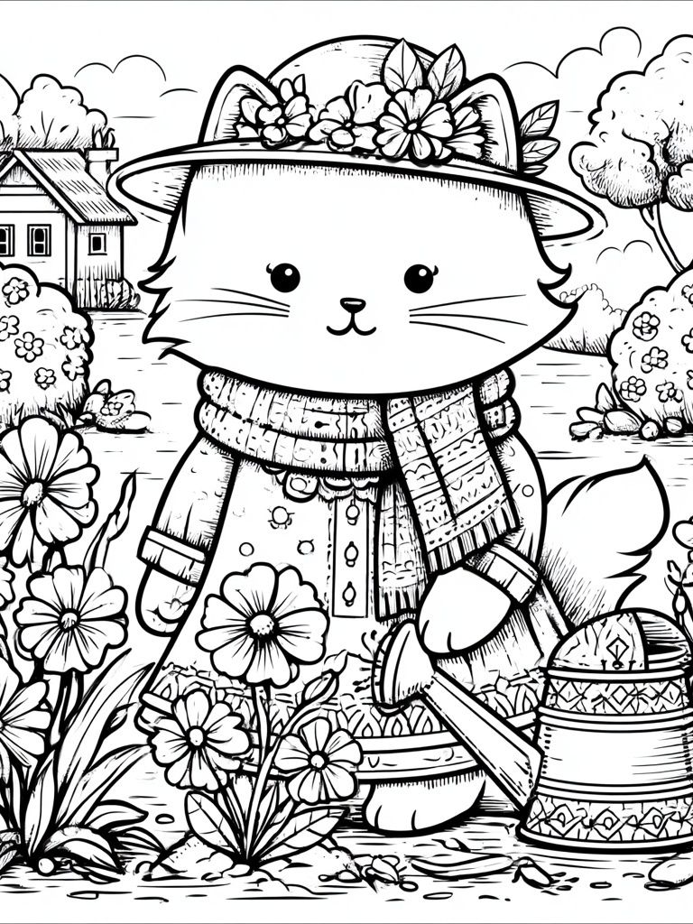 Garden Cat Coloring Poster. poster — animals art
